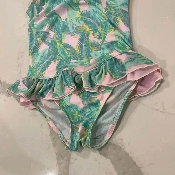 Floatimini Tropical Pink Green Print Ruffle Bow One Piece Bathing Suit Girls 6X - Picture 3 of 5